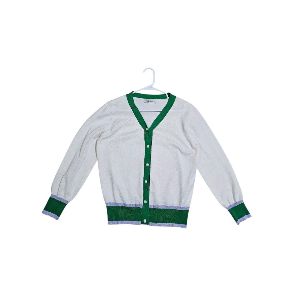 Grace Karin Cream Green Button Front Knit Cardigan Retro Contrast Trim XL Preppy - Picture 6 of 8